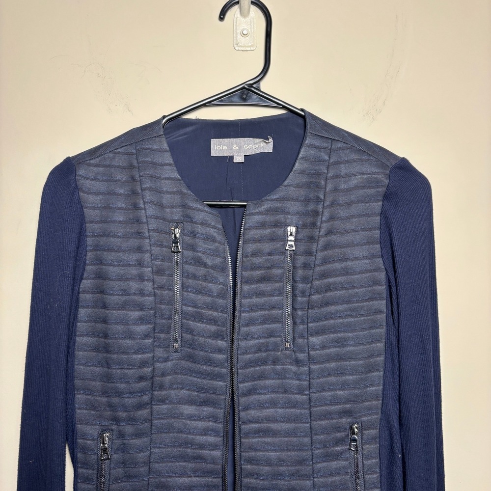 Lola & Sophie Cotton Blend Quilted Faux Suede Knit Zip Moto Jacket Womens XS - Picture 2 of 9